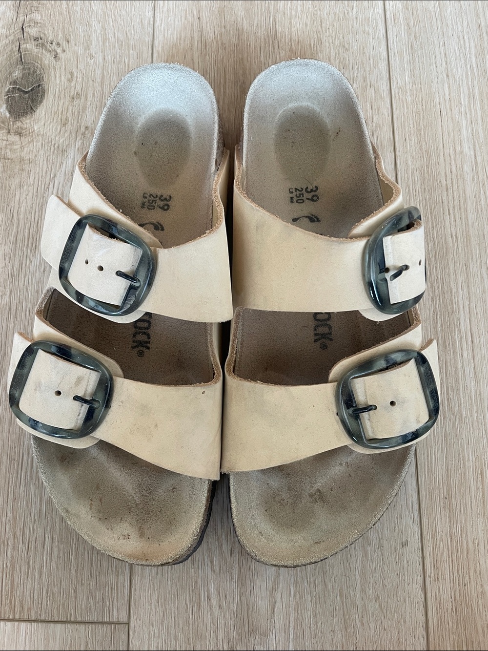 Birkenstock Women’s Two-Strap Sandals in Light Beige with Tortoiseshell Buckles